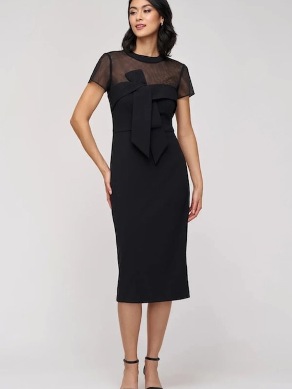 JS Collections Black Roselle Bow Detail Cocktail Midi Dress